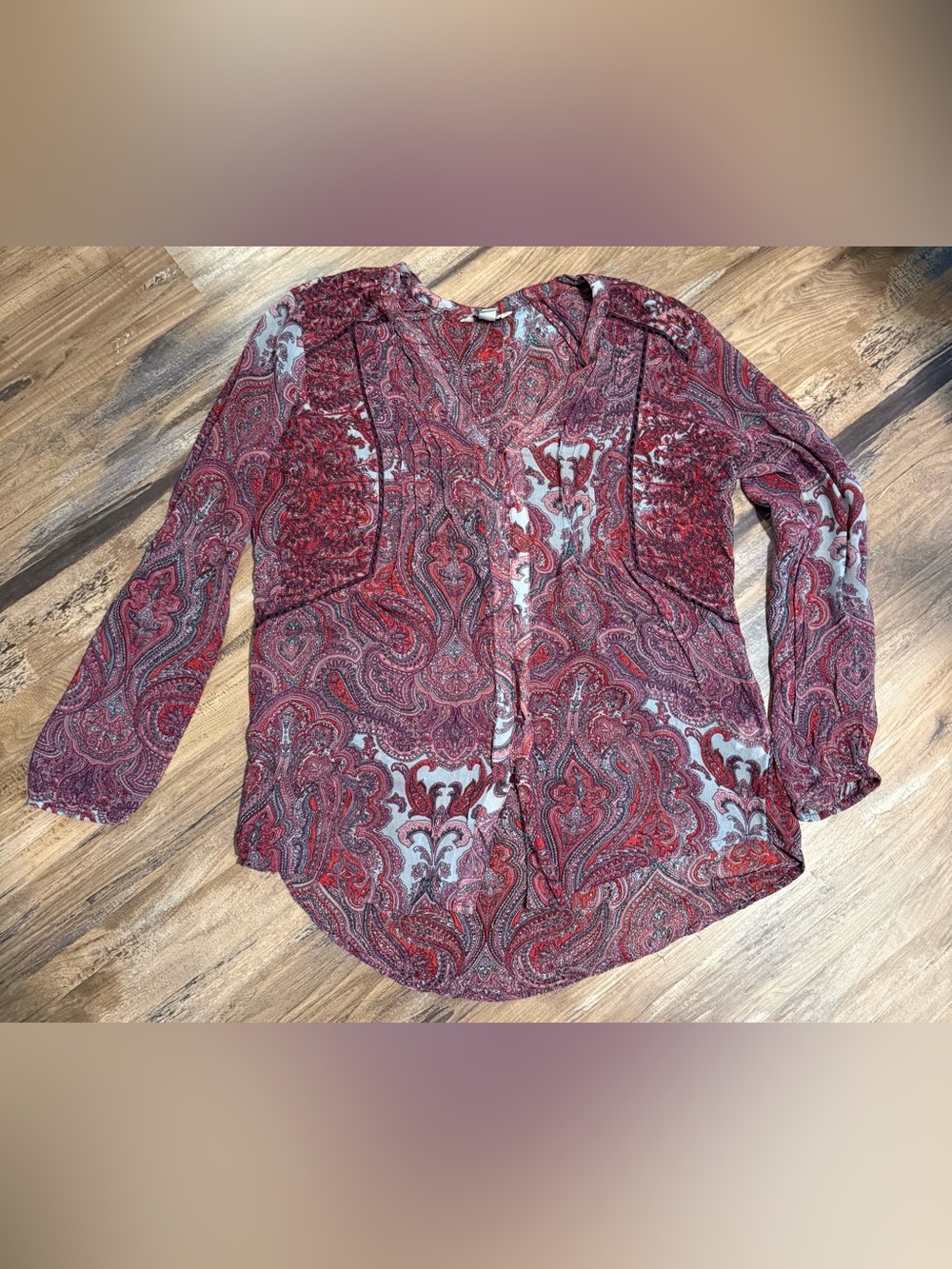 Lucky Brand Burgundy Paisley V-Neck Long Sleeve Blouse